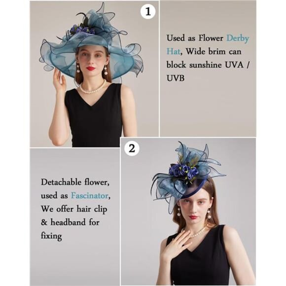 Women Organza Church Tea Party Hats Floral Dusty Blue main image 4